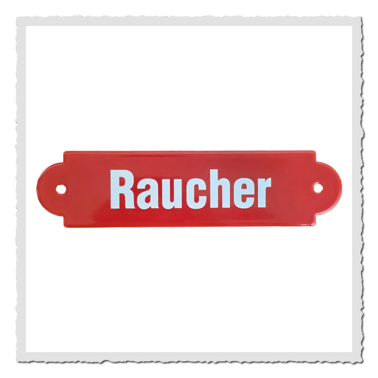 Emailleschild „Raucher“ in Rot-Weiß, ca. 20×5 cm groß im Retro-Stil